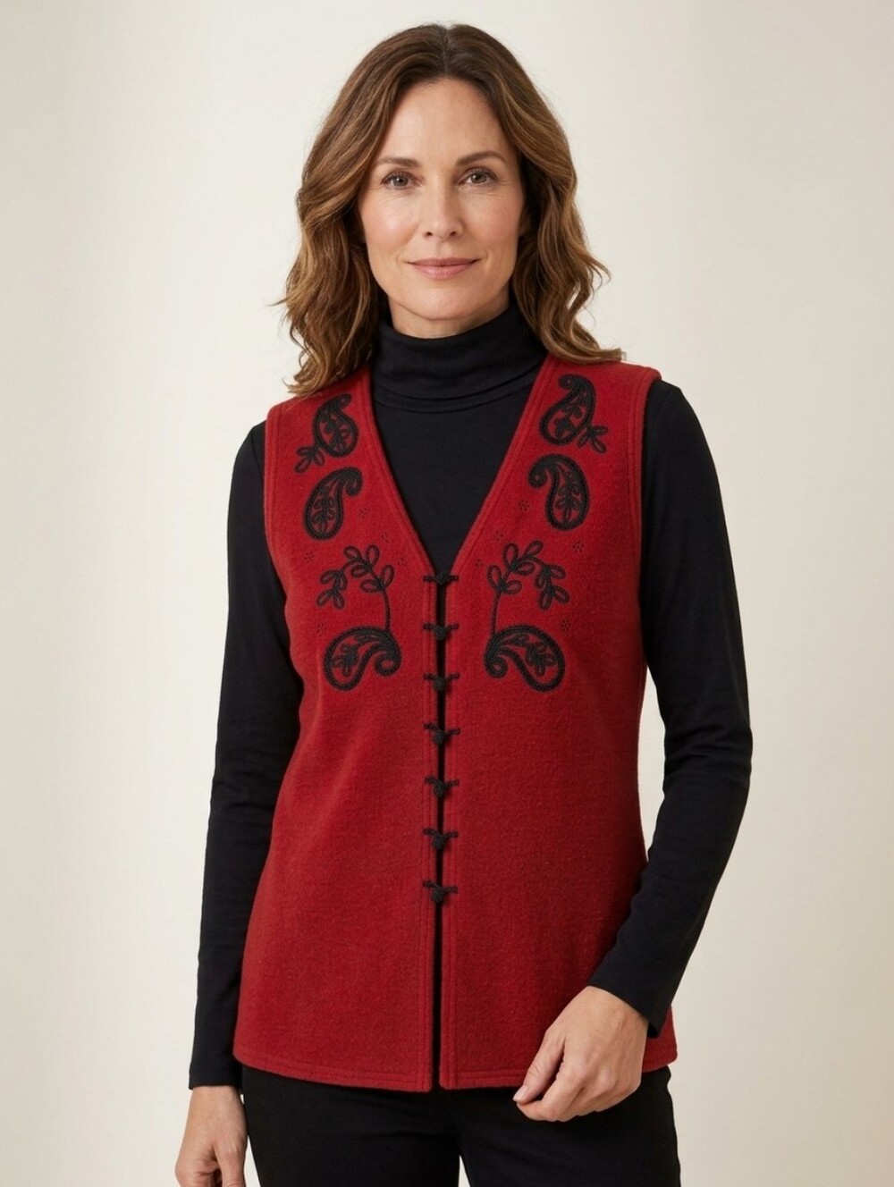 Vintage Emotion Women’s Red Embroidered Wool Vest Sweater Sz Small